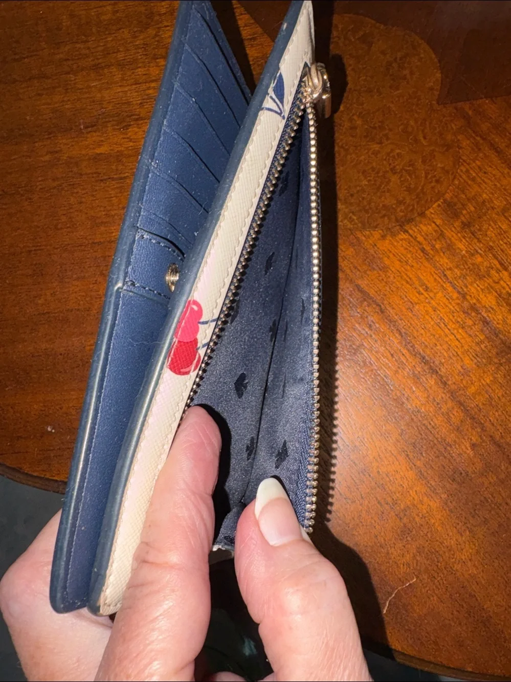 kate spade Wallet long wallet bifold Cream/Pink Red & Blue Cherry Motif goldtone